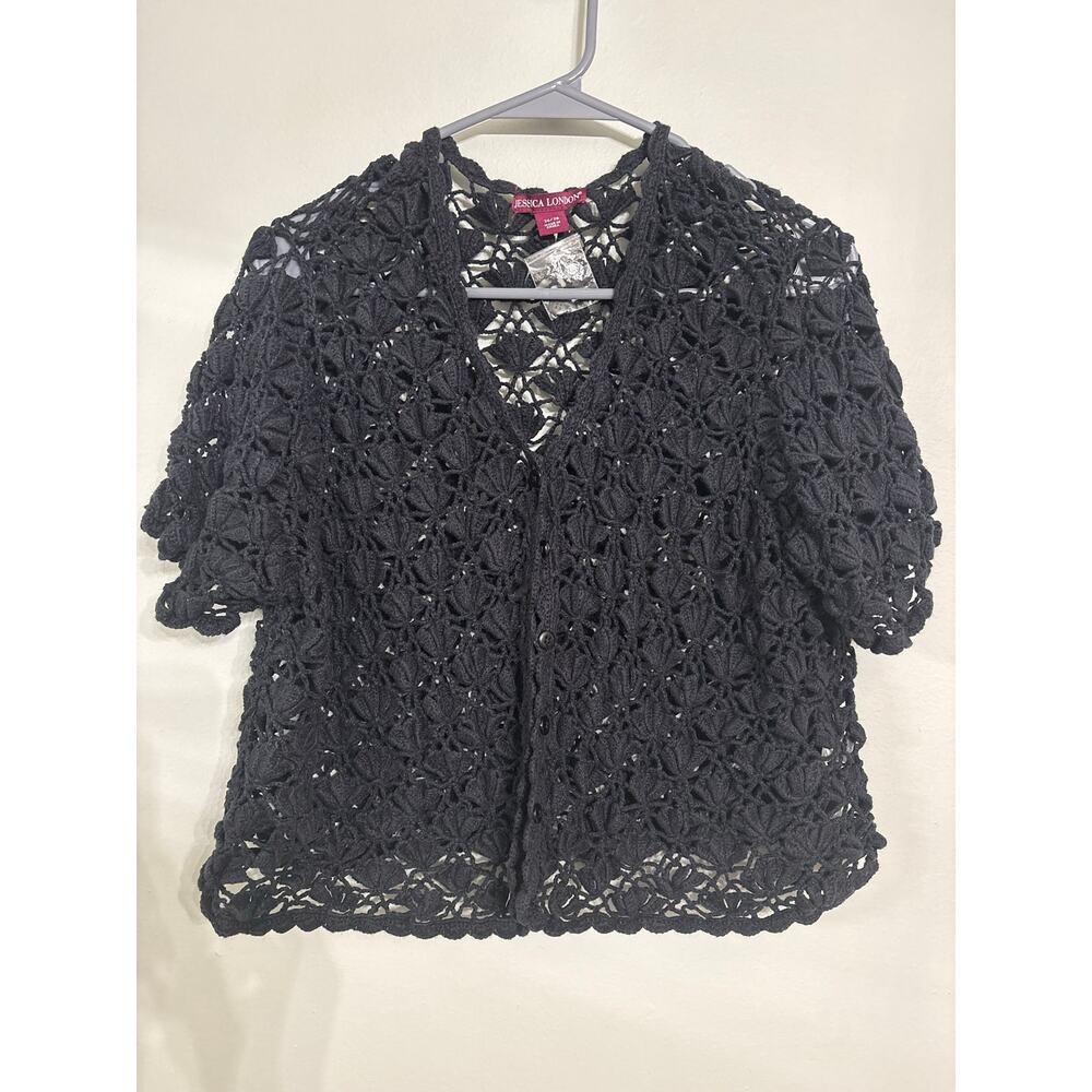 Jessica London Black Crochet Cardigan | Open Knit | Button Front | Size 26/28
